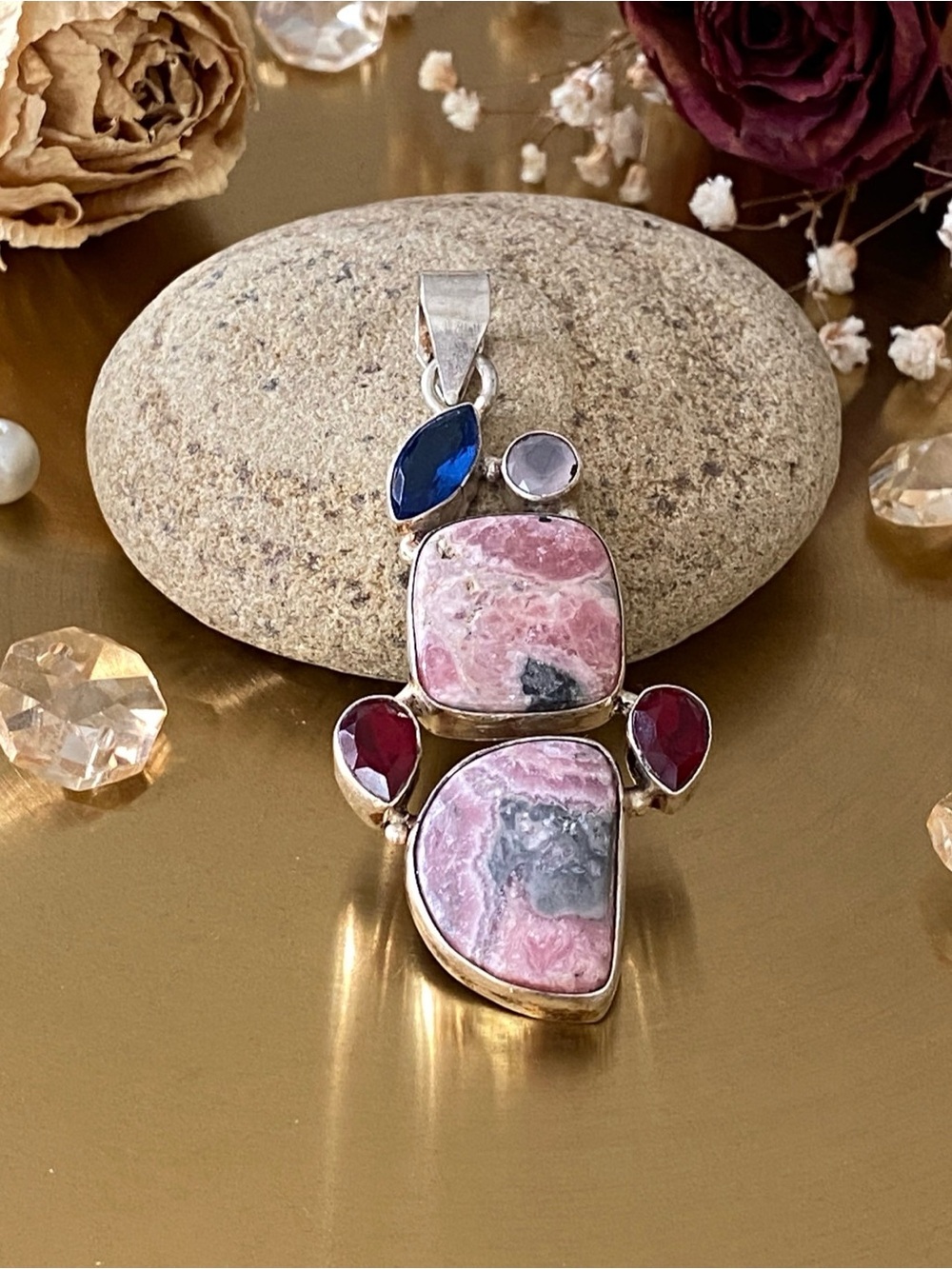 Rhodochrosite, Rose Quartz And Garnet Pendant